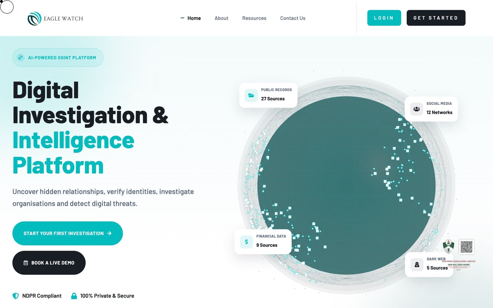 EagleWatch landing page, Digital Investigation & Intelligence Platform